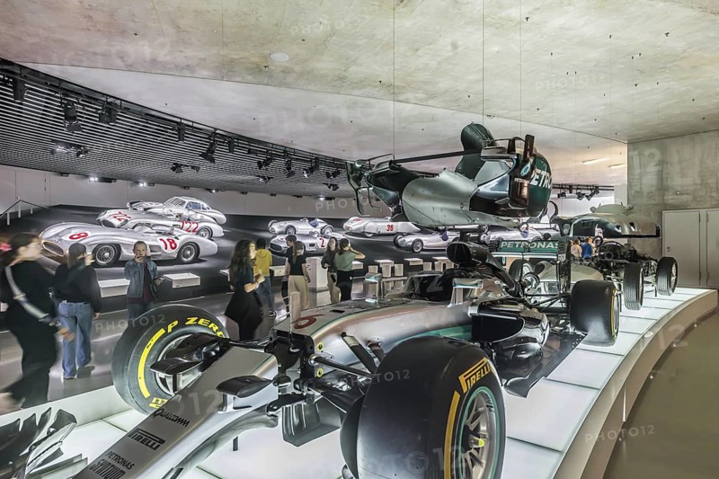 The Mercedes-Benz Museum in Stuttgart presents a journey through the automotive history of the global corporation. Myth 7: Racing cars and Silver Arrows - races and records. The history of the Mercedes star begins with the first automobile in 1886. Stuttgart, Baden-WÃ¼rttemberg, Germany
