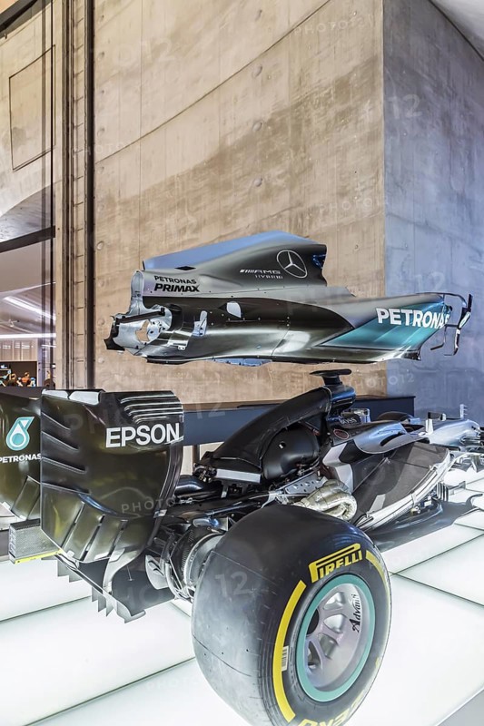 The Mercedes-Benz Museum in Stuttgart presents a journey through the automotive history of the global corporation. Myth 7: Racing cars and Silver Arrows - races and records. The history of the Mercedes star begins with the first automobile in 1886. Stuttgart, Baden-WÃ¼rttemberg, Germany