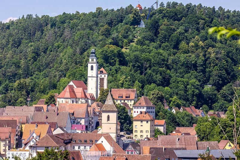Horb with view of collegiate church, Schurkenturm and SchÃ¼tteberg. Town view of Horb, Baden-WÃ¼rttemberg, Germany