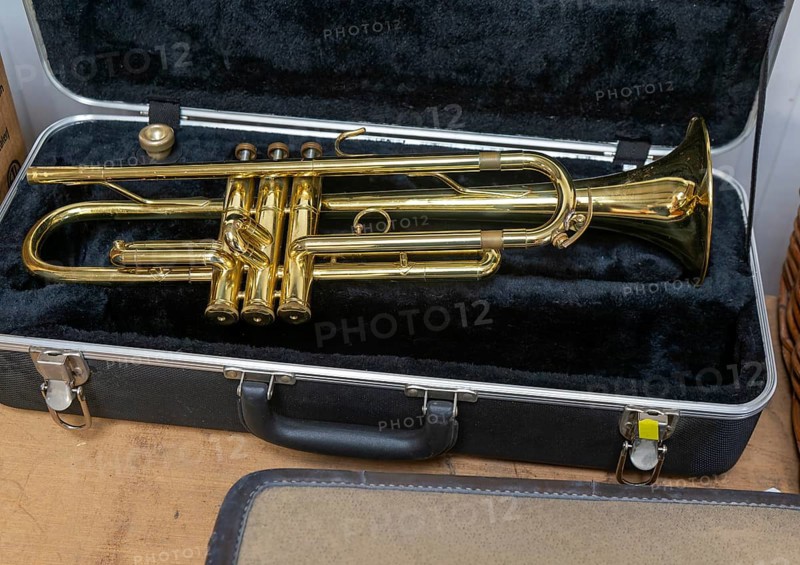 A Boosey and Hawkes 400 trumpet in fitted case for sale on display at auction, UK