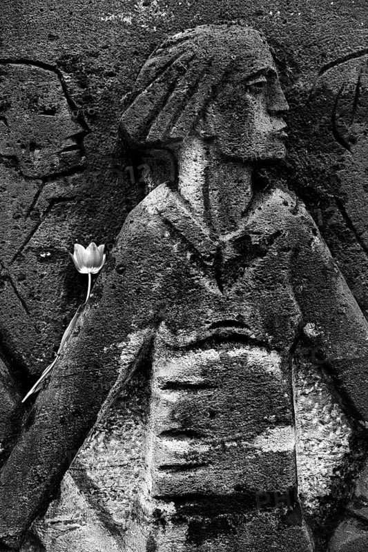 Bittermark memorial, memorial site, detail with tulip for the memorial service on Good Friday, artist Karel Niestrath, Dortmund, Germany
