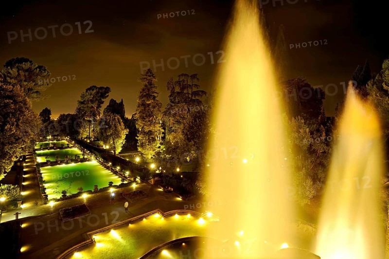 Neptune Fountain, Fontana di Nettuno, fish ponds, Renaissance garden of Villa d'Este, water features, fountains, atmospheric illumination at night, UNESCO World Heritage Site, Tivoli, metropolitan city of Rome, Lazio, Italy