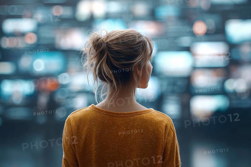 Concept of future entertainment and communication. Attractive young lady looking at wall of TVs, AI generated