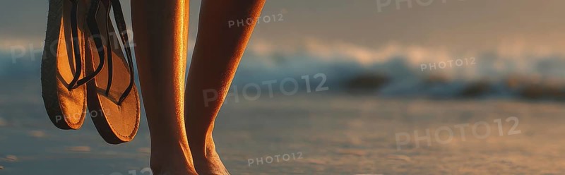 Bare feet tanned woman walking on a sunset beach and holding pair of sandals in her hand, AI generated