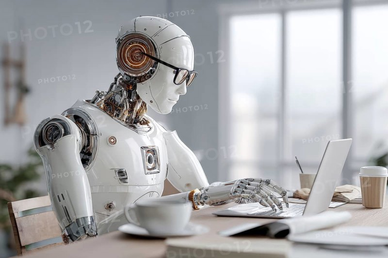 Concept of human and AI Artificial intelligence cooperation and coexisting while increasing productivity in corporate environment, AI generated