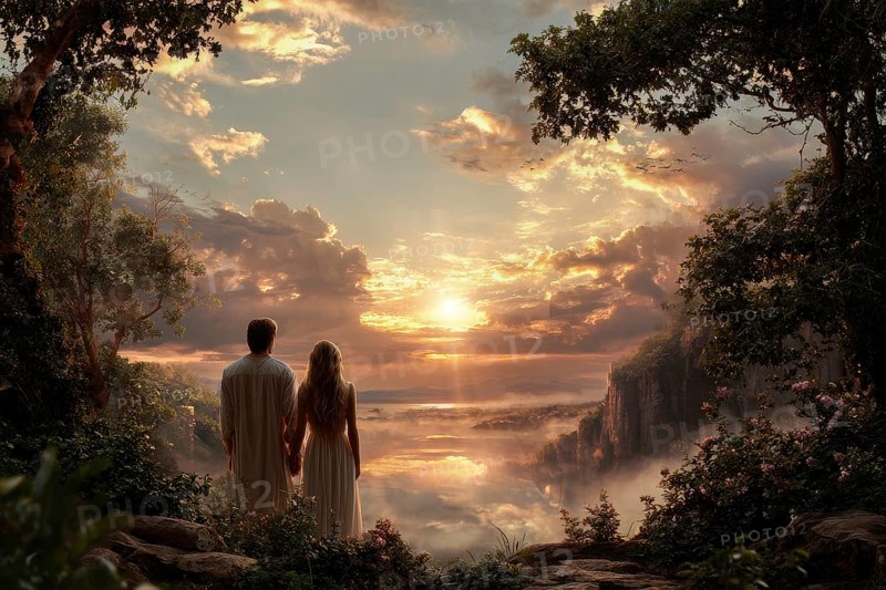 Bible story of Adam and Eve in Paradise Garden of Eden. Legend of Original sin and Temptation. Place of perfection for humans until the expulsion happened, AI generated