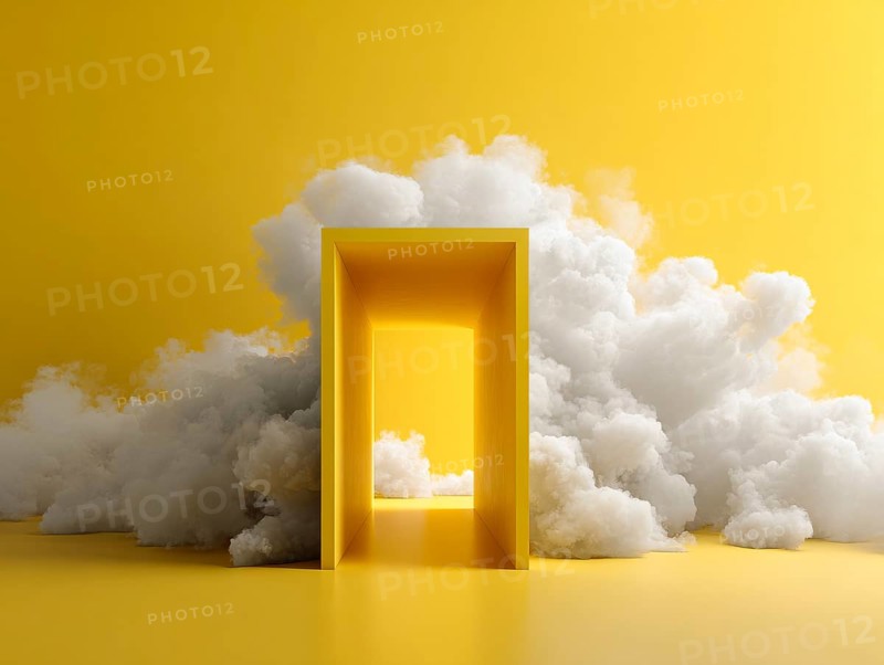 Abstract minimal yellow background with white clouds flying out the tunnel. Entrance to heavens, AI generated