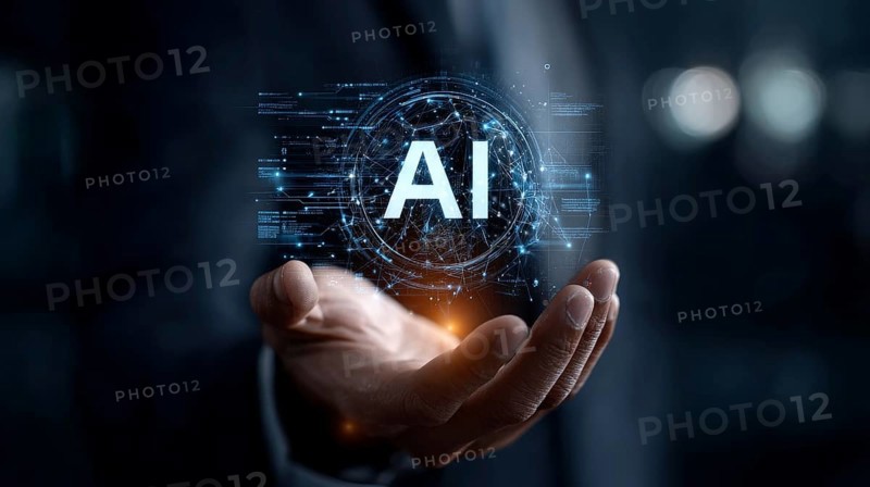 AI power helps transform data processing in cloud services and corporate environment and increase human productivity in corporate workplace office. Concept of General Intelligence and advances in machine learning, AI generated