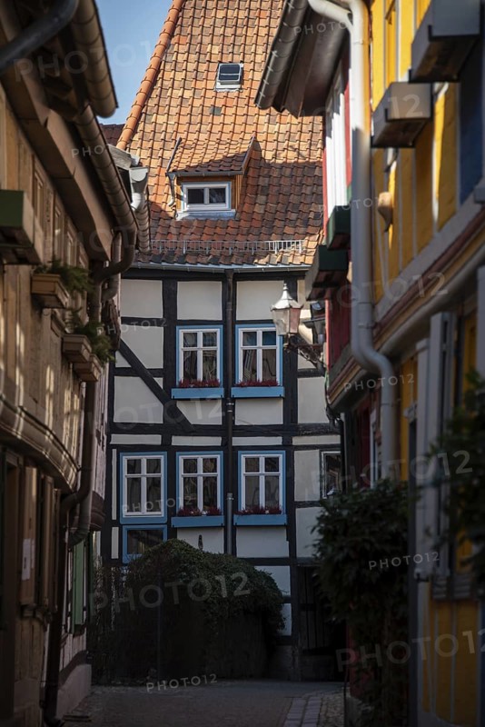 View through the alley to hell, Quedlinburg, Saxony-Anhalt, Germany