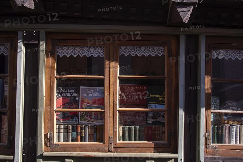 Decorated shop window with historical railway books and nostalgic flair, antiquarian bookshop, Quedlinburg, Saxony-Anhalt, Germany