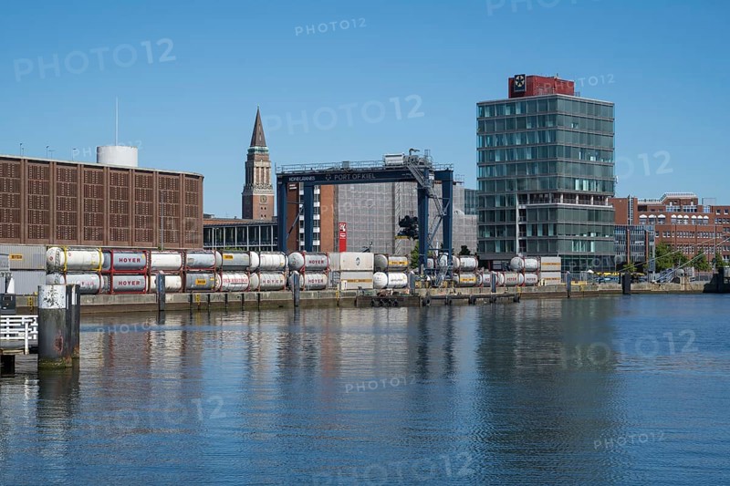 Modern commercial building at Schwedenkai, town hall tower, harbour, Kiel, Kiel Fjord, Baltic Sea, Schleswig-Holstein, Germany