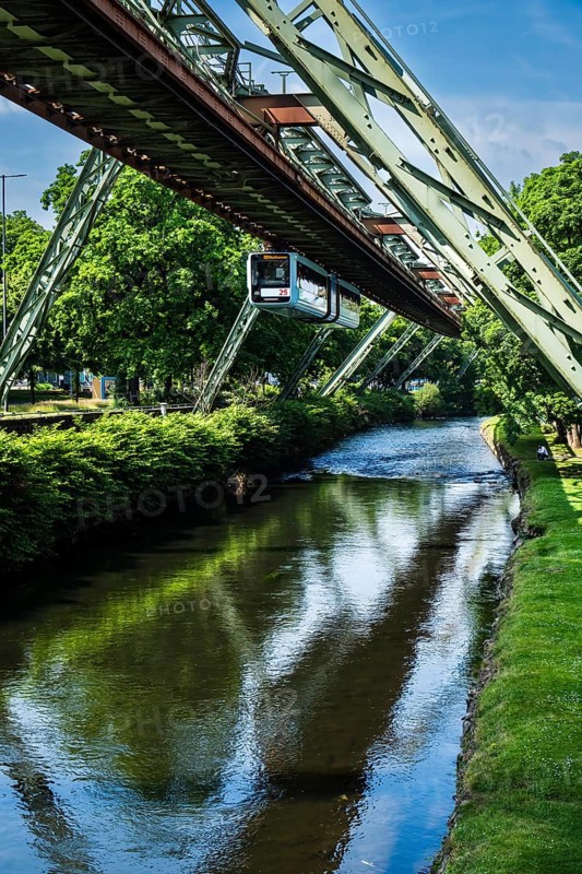 A suspension railway over the Wupper near the AdlerbrÃ¼cke stop, Wuppertal, Germany