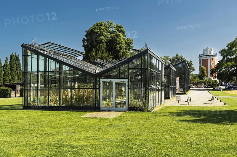 Greenhouses and Elisenturm of the Botanical Garden in the Hardt-Anlagen in Wuppertal, Germany