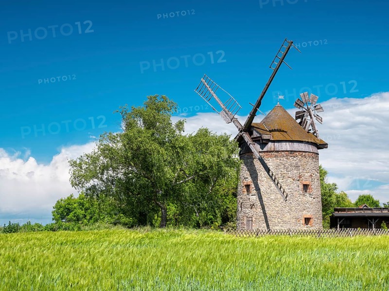 Old windmill behind a fence in a green field in spring, tower windmill, Endorf, Saxony-Anhalt, Germany