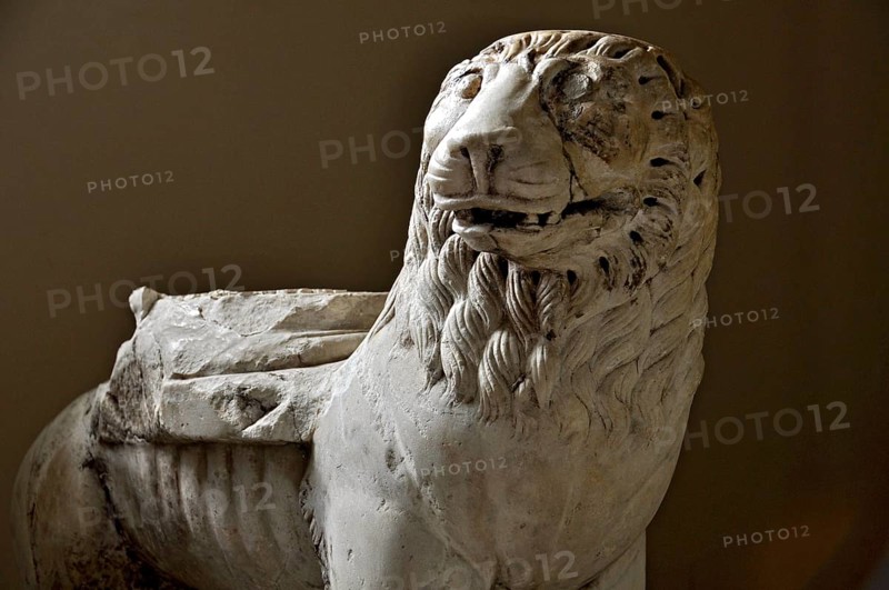 Lion as column base, stone figure, sculpture, ancient Etruscan sculpture, Museum of the Benedictine Abbey of Montecassino, Monte Cassino, Cassino, Frosinone, Lazio, Italy