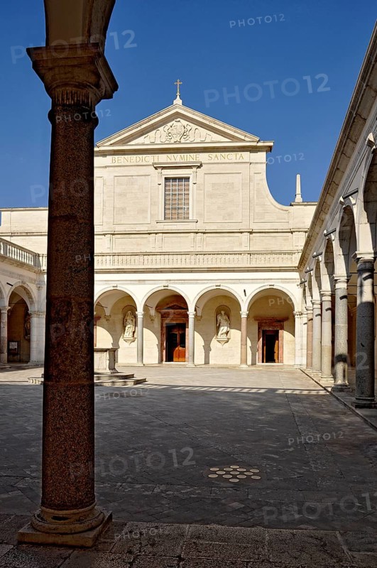Cloister of the Benefactors with the Basilica Cathedral of the Benedictine Abbey of Montecassino, Monte Cassino, Cassino, Frosinone, Lazio, Italy