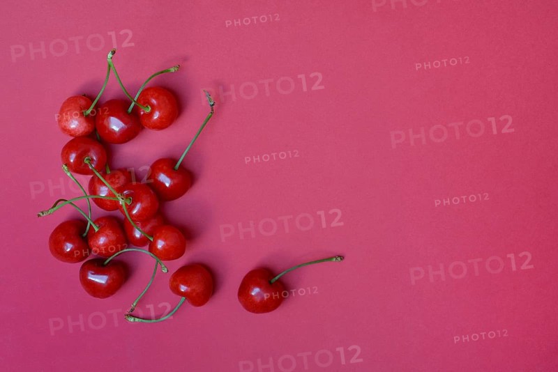 Sweet cherries with red background, Prunus avium, bird cherry