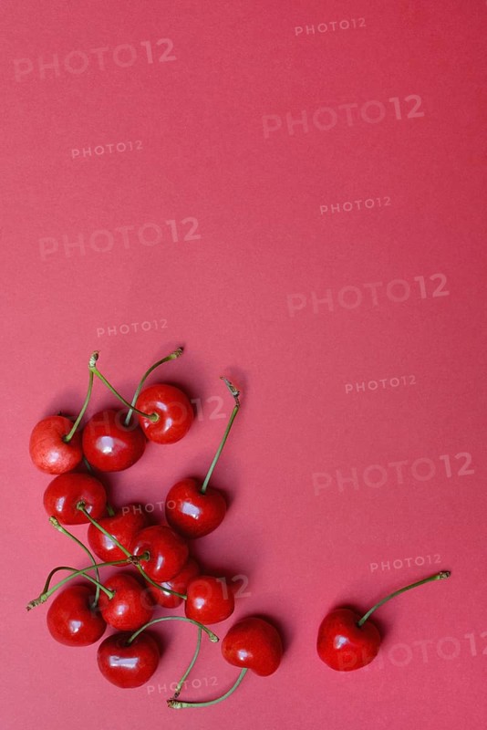 Sweet cherries with red background, Prunus avium, bird cherry