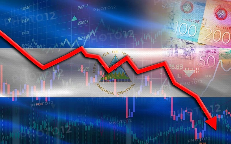 Nicaragua financial fall on economy market. Nicaragua financial crisis on economic graph
