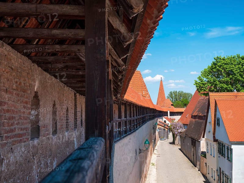 Medieval town wall with battlements, Nördlingen, Bavaria, Germany