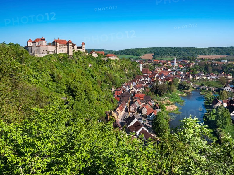 View of Harburg Castle and town on the River Wörnitz, Harburg, Donau-Ries, Swabia, Bavaria, Germany