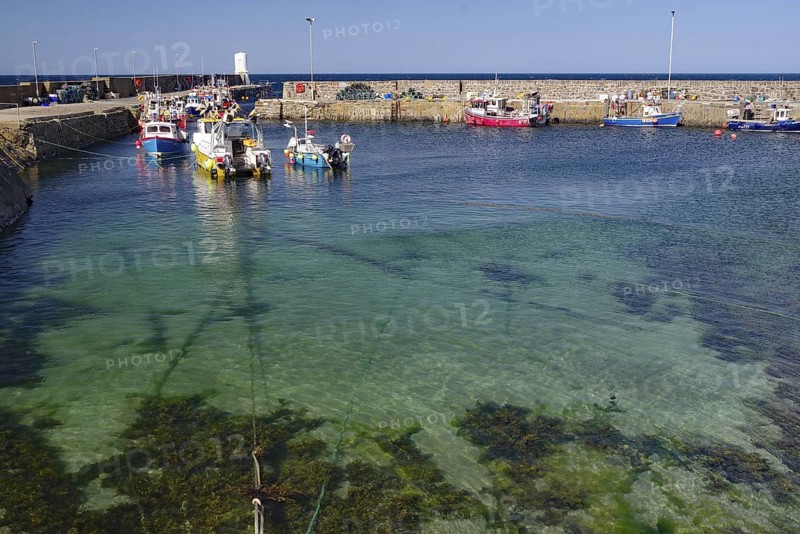 Clear blue water on a sunny day with boats in the harbour, fishing, Aberdeenshire, Scotland, United Kingdom