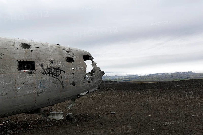 Aircraft wreckage, US Navy Douglas DC-3 transport plane, Sander, volcanic landscape, SÃ³lheimasandur, Solheimasandur, near ring road, SuÃ°urland, Sudurland, South Iceland, Iceland