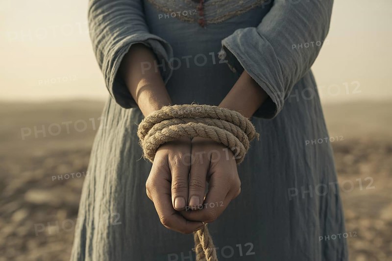 Tied hands of a woman in a desert landscape. Cinematic portrait symbolizing female oppression and restraint. Generative ai, AI generated