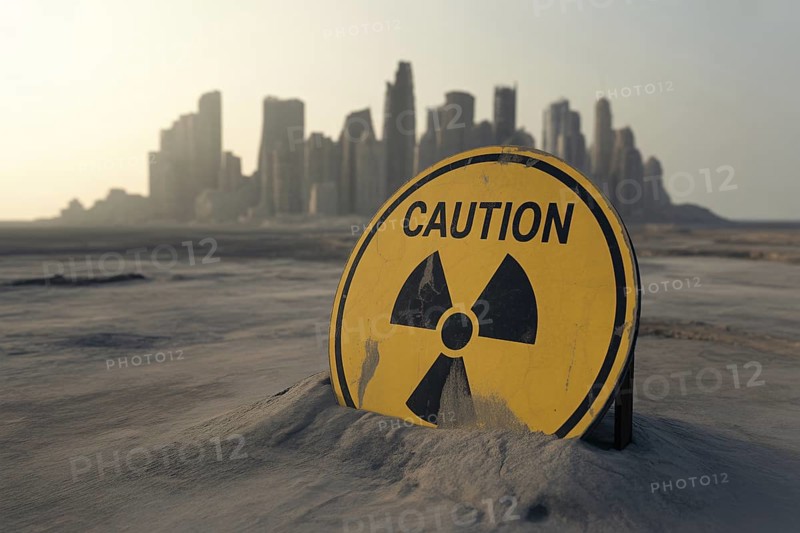 Radiation warning sign with text Caution in scorched earth. with destroyed city. Symbol for danger of nuclear war and environmental decay. Generative ai, AI generated