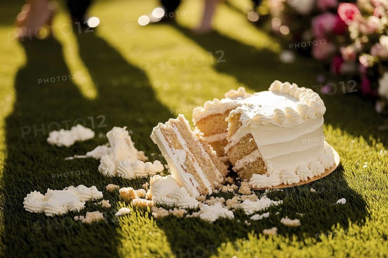 Broken wedding cake lies in disarray on lush green lawn in warm golden sunlight. Generative ai, AI generated