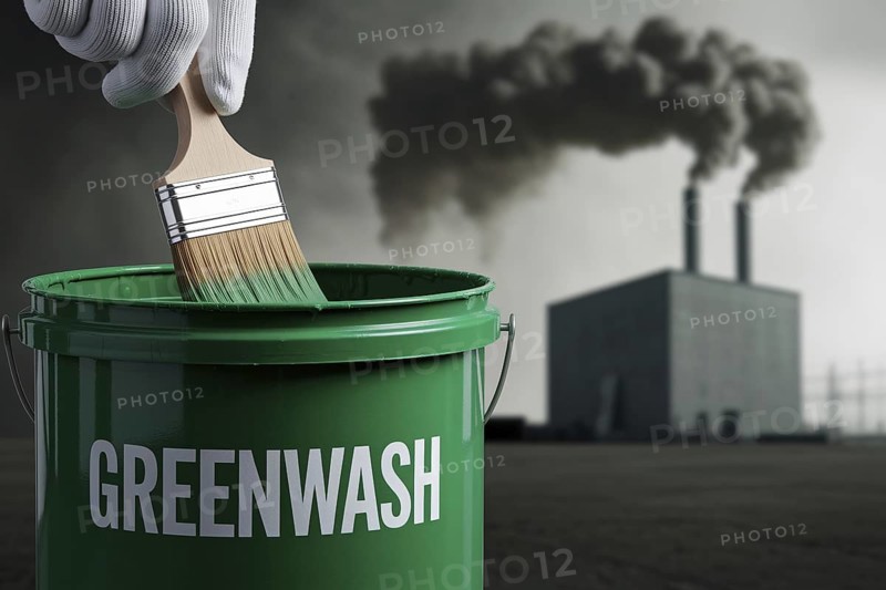 Gloved hand stirs Greenwahs paint in front of gray smoking factory. A stark critique of corporate pollution and eco-deception and greenwashing. Generative ai, AI generated