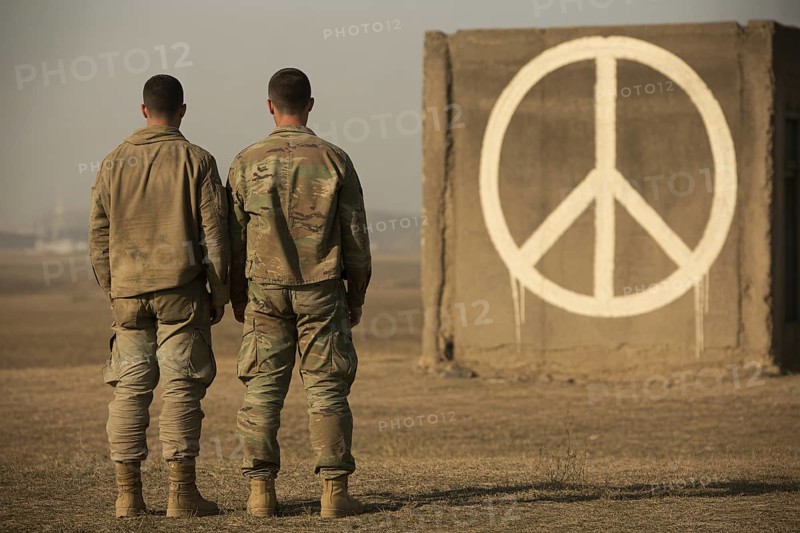 Two soldiers facing painted peace symbol on brick wall. Contrast between duty and hope in times of conflict. Generative Ai, AI generated
