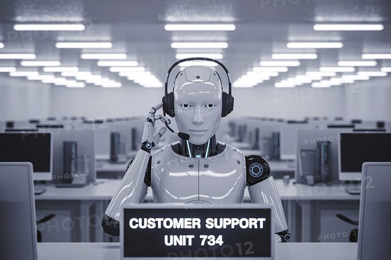 AI robot with headset in empty call center. Automation replacing human customer service roles. Generative Ai, AI generated