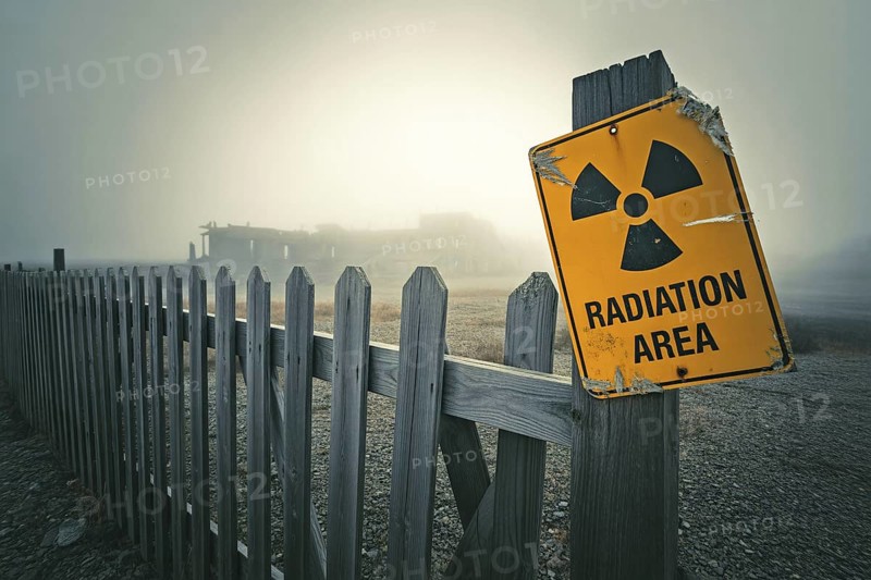 Broken fence with damaged Radiation Area warning sign. Foggy post-apocalyptic landscape in background. Generative ai, AI generated