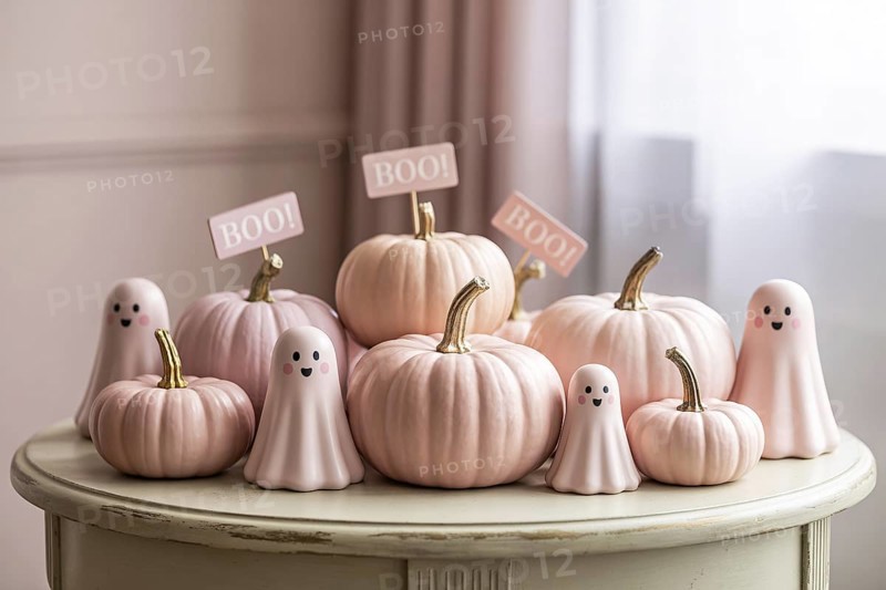 Pastel pink Halloween decoration with cute ghosts and decorative pumpkins. Whimsical and modern feminine aesthetic. generative ai, AI generated