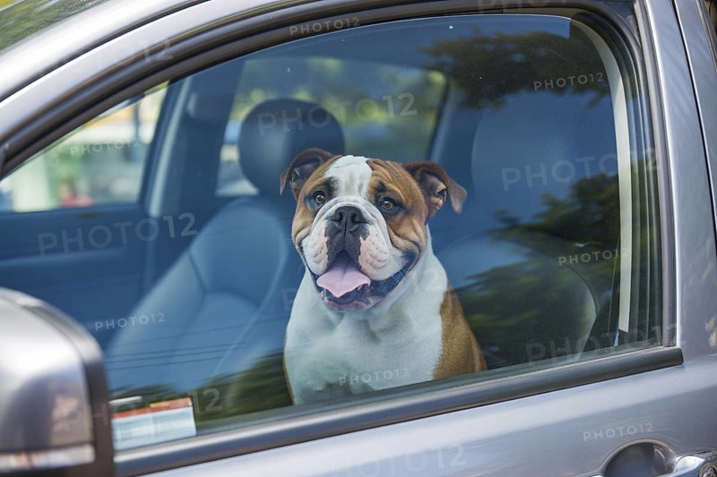 Bulldog trapped inside a car with closed window on a hot summer day. Concept of dangerous overheating and heat risk for brachycephalic dog breeds in vehicles. Generative ai, AI generated
