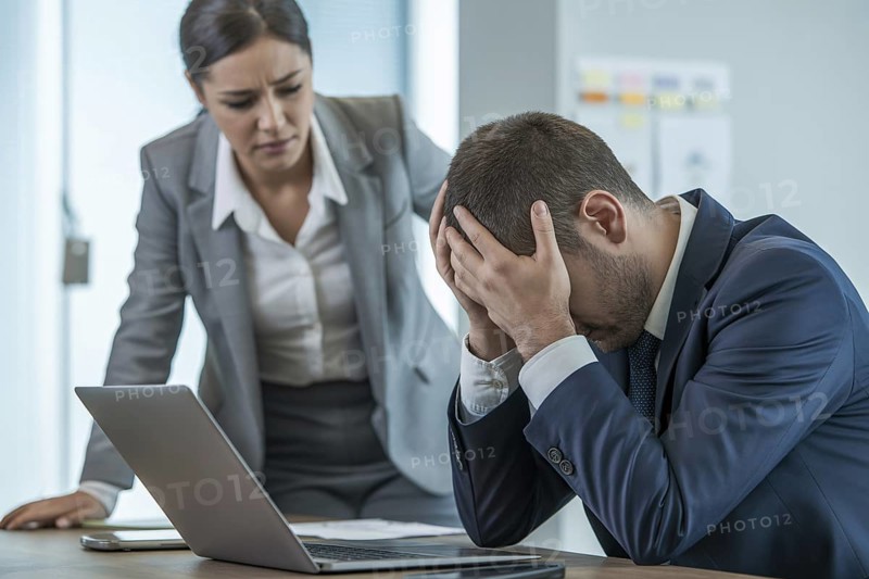 Female coworker supporting emotional male colleague in office. Concept of mankeeping and women's emotional labor at work. Generative ai, AI generated