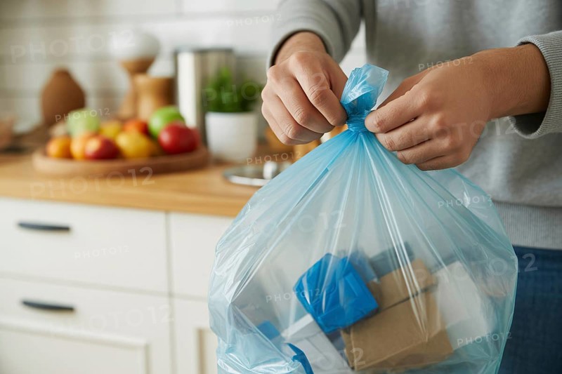 A person tying up a garbage bag in a home kitchen as part of daily waste disposal. Generative ai, AI generated