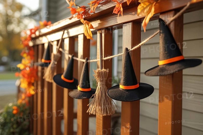 Halloween garland with tiny felt witches' hats and broomsticks on wooden porch railing decorated with autumn leaves. Generative AI, AI generated