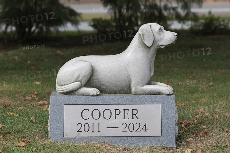 Gravestone with dog stone sculpture in a peaceful cemetery. Memorial for a beloved pet and pet loss remembrance. Generative ai, AI generated