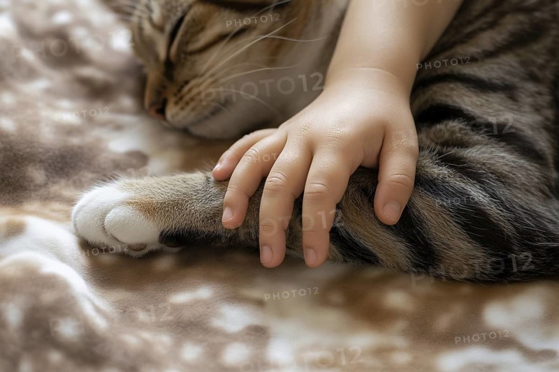 Young child's hand grabbing a cat's paw showing tender interaction and early bond between child and pet. Generative ai, AI generated
