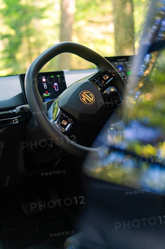 Interior of a car with focus on the steering wheel and digital displays, background of trees, MG 4, Deer E- Car Sharing, district of Calw, Germany