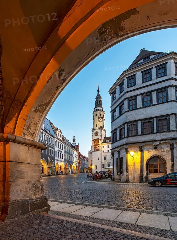 View of the Lower Market Square with the Old Town Hall Clock Tower and Waage building, Görlitz, Goerlitz, Germany