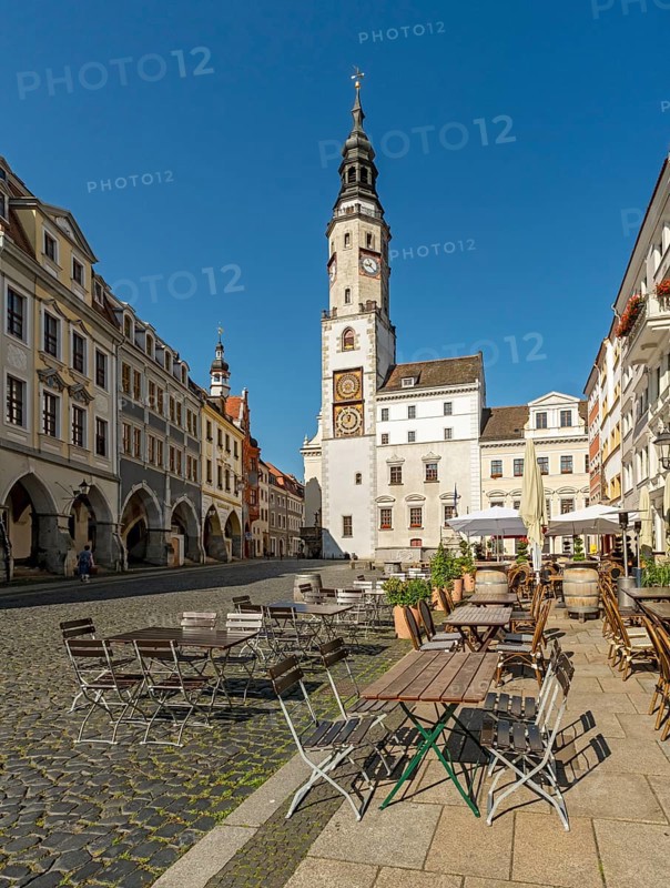 View of Untermarkt - Lower Market Square and the Old Town Hall Clock Tower, Görlitz, Goerlitz, Germany