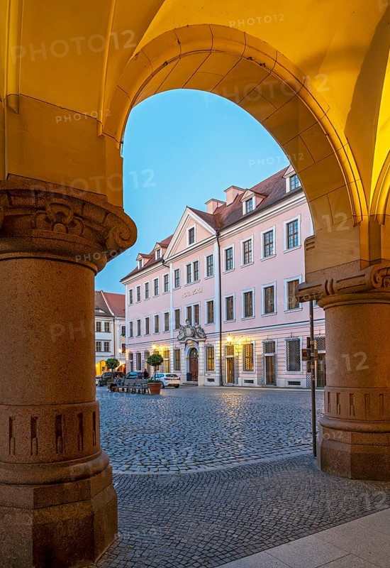View of Hotel Börse through the arches of the New Town Hall of Görlitz, Lower Market Square - Untermarkt, Goerlitz, Germany
