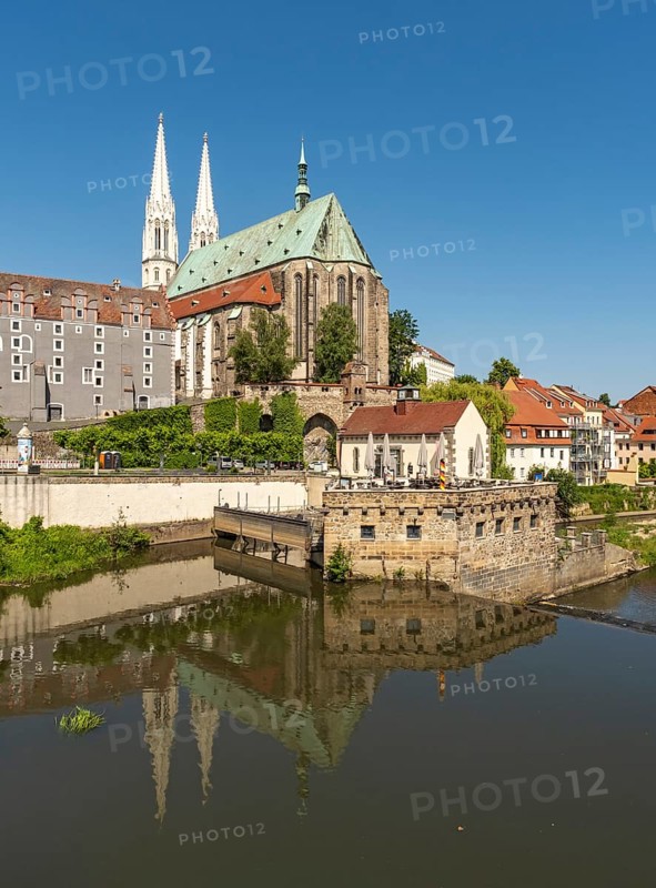 View of the Lusatian Neisse river and Peterskirche - St. Peter and Paul church, Görlitz, Goerlitz, Germany