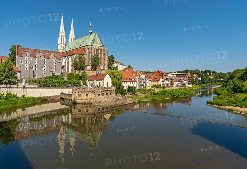 View of the Lusatian Neisse river and Peterskirche - St. Peter and Paul church, Görlitz, Goerlitz, Germany