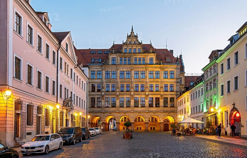 View of the Lower Market Square and the New Town Hall of Görlitz by night, Goerlitz, Germany