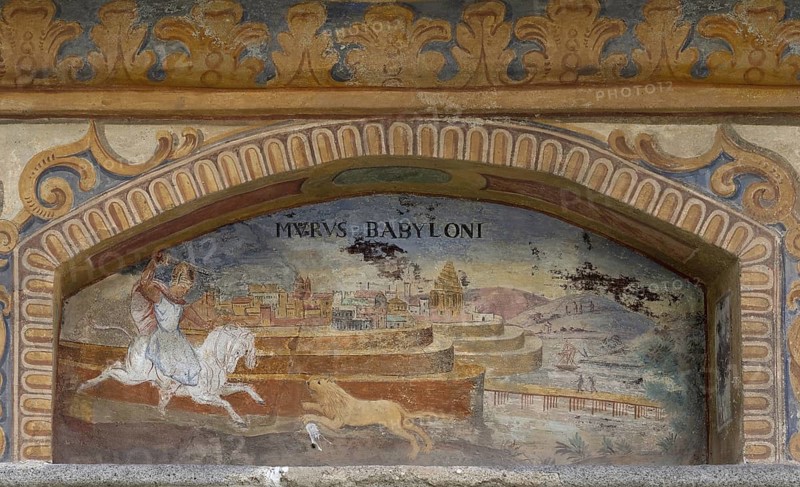 Fresco of the Wonders of the World Walls of Babylon at the Fountain of Wonders, 1508, in the courtyard of Neustift St Margarethen Monastery, Vahrn, district of Bolzano, South Tyrol, Italy