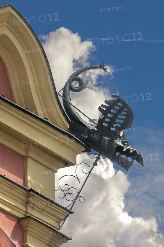 Wrought-iron dragon figure as a gargoyle at Wilten Abbey, Klostergasse 7, Wilten, Innsbruck, Austria